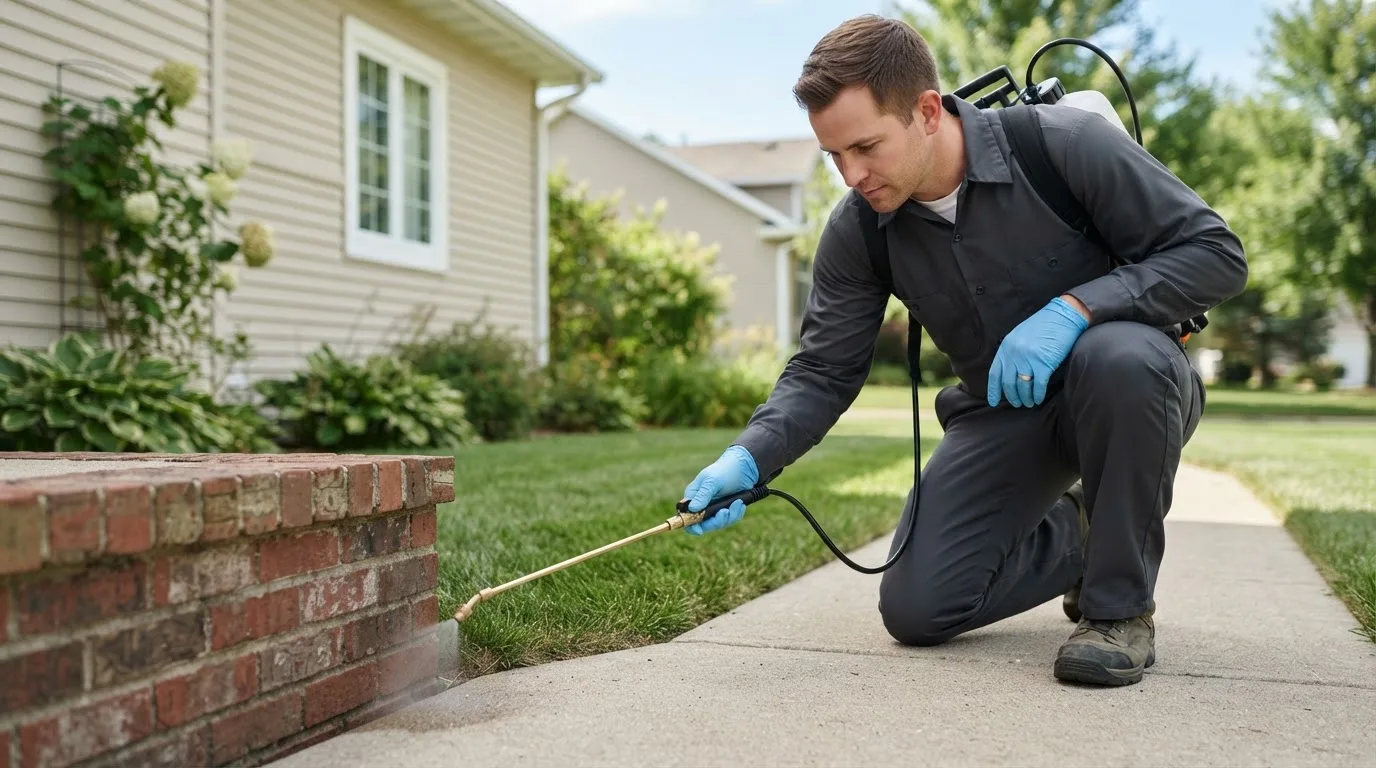 Pest control technician treating a home near Delhi, LA